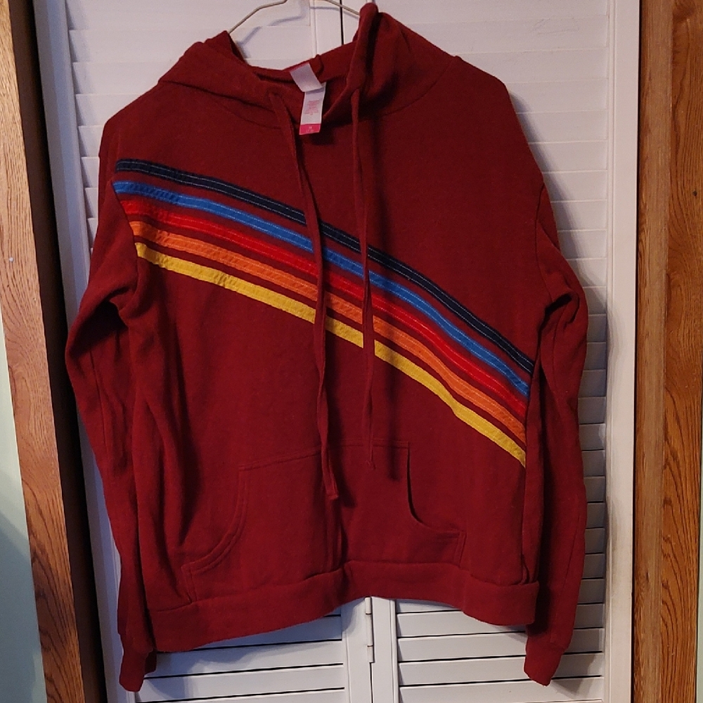 No Boundaries Dark Red Hoodie with Colorful Stripes